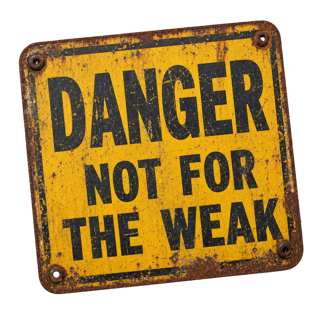 Rusted yellow warning sign reading: Danger, not for the weak