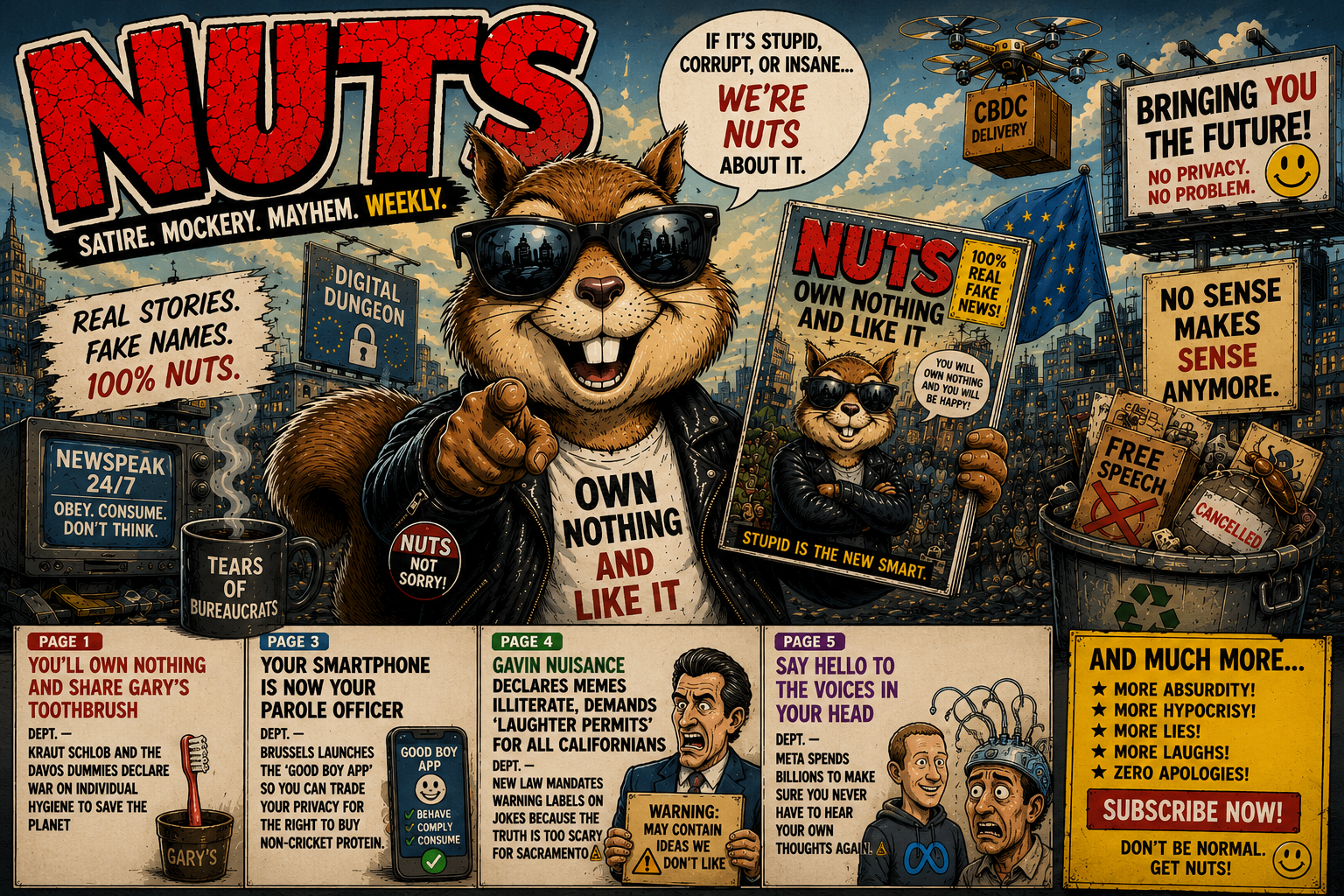NUTS! magazine cover featuring Nuts McGee and 'Own nothing and like it' satire