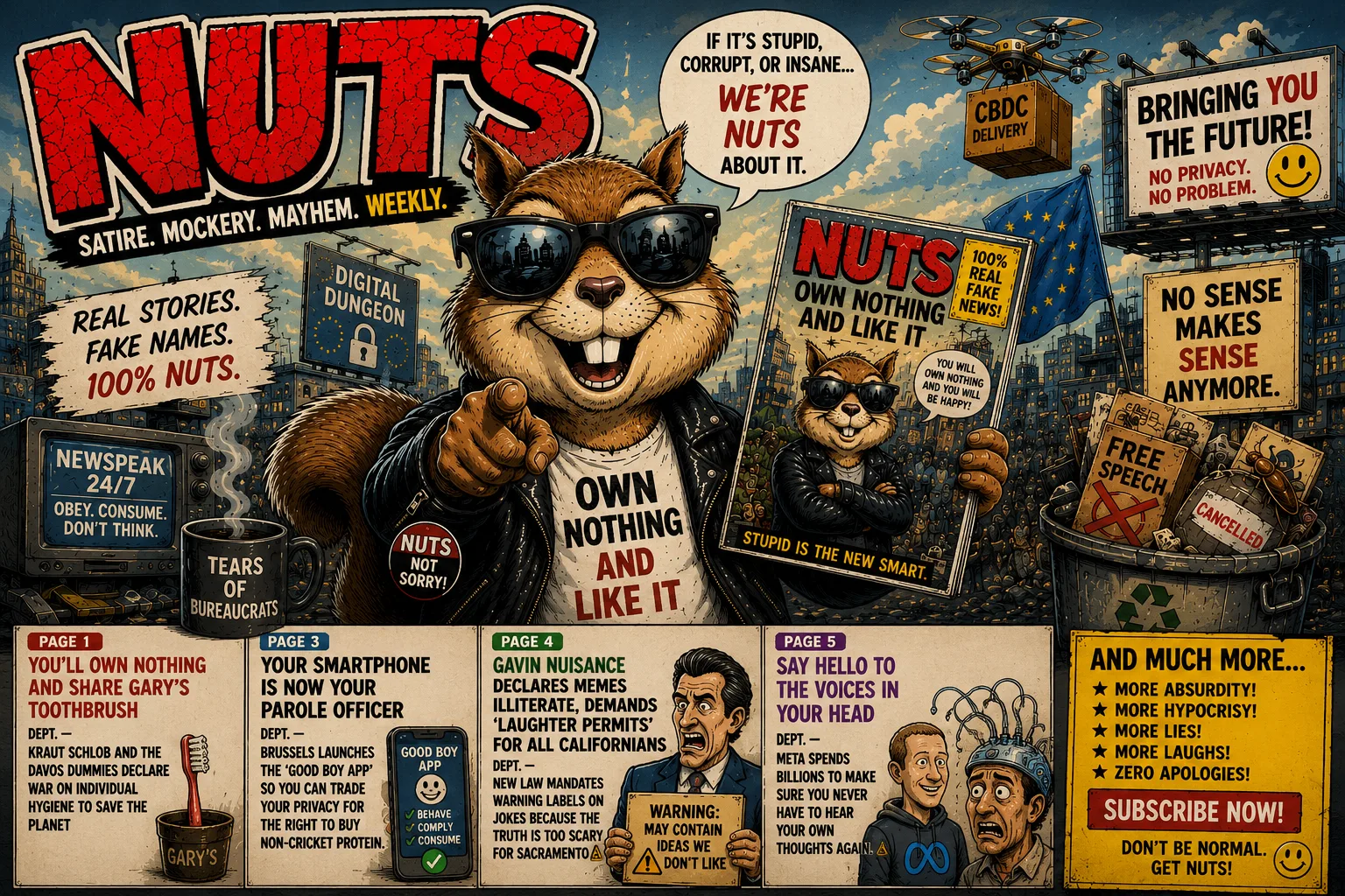 NUTS! magazine cover featuring Nuts McGee and 'Own nothing and like it' satire